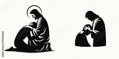 The Jesus Comforting Brokenhearted. Christian Clipart silhouette Vector Logo Symbol isolated on white background. Divine compassion christ alleviating sorrow grief heartache and despair.