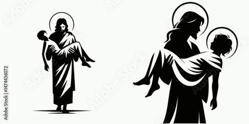 The Jesus Carrying a Child. Christian Clipart silhouette Vector Logo Symbol isolated on white background. Holy infant cradled divine saviors tender burden faiths altruistic devotion.