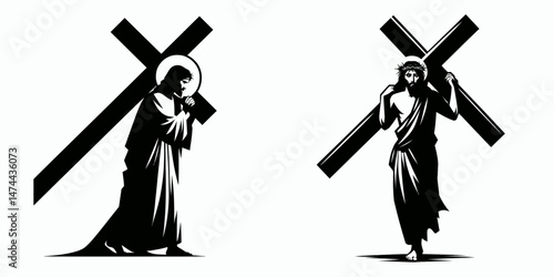The Jesus Carrying Cross. Christian Clipart silhouette Vector Logo Symbol isolated on white background. Christs burden devotion image faith symbolization for redemption theme.