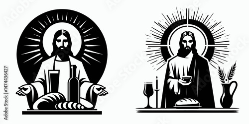 The Jesus Blessing Bread and Wine. Christian Clipart silhouette Vector Logo Symbol isolated on white background. christ sanctification victuals beverage a divine eucharist communion grace.