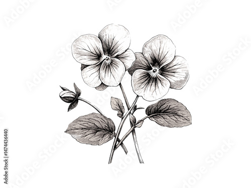 Antique wood violet illustration, vintage floral sketch, rustic botanical engraving, hand-drawn wild bloom, trendy old engraving motif, black line flower art, wildflower ink sketch