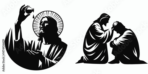The Jesus Anointing with Oil. Christian Clipart silhouette Vector Logo Symbol isolated on white background. Divine consecration holy grace achieved through chrism and biblical rite.