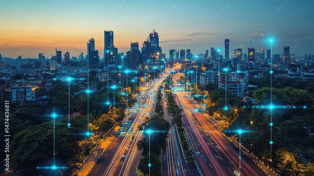 Fototapeta premium Urban cityscape at twilight, connected by digital network