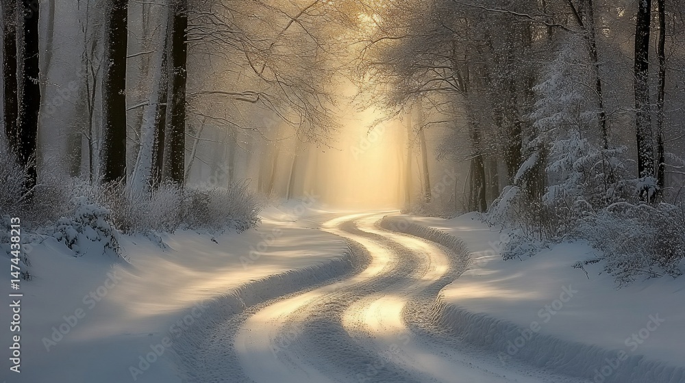 Naklejka premium Snowy forest path, sunlit