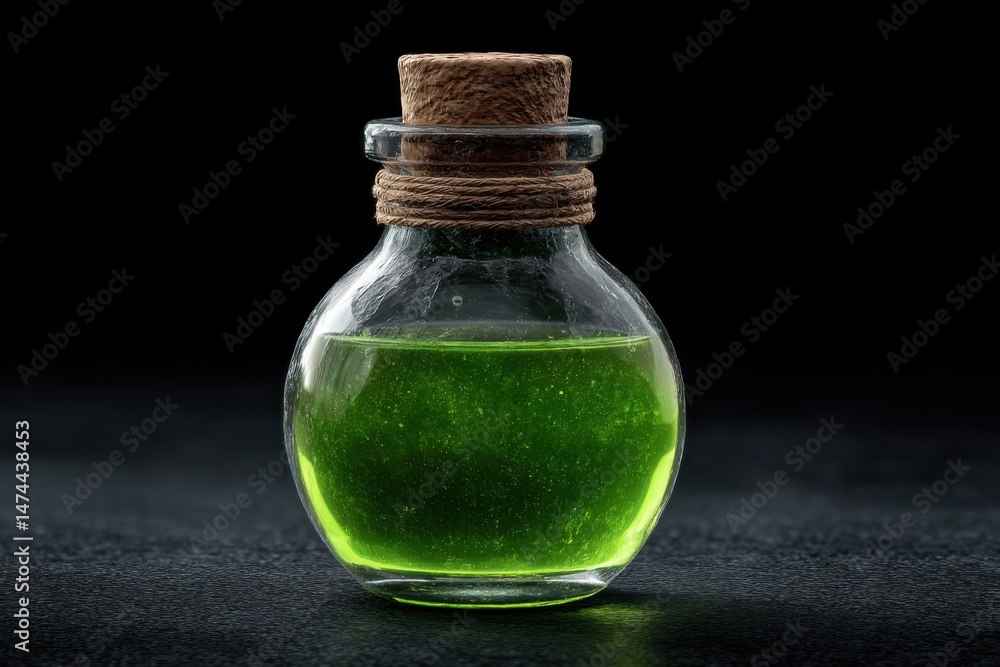 Potion Bottle Filled With Bright Green Liquid on Black Background Perfect for Halloween Decorations Potion Bottle Filled With Bright Green Liquid on Black Background Perfect for Halloween Decorations