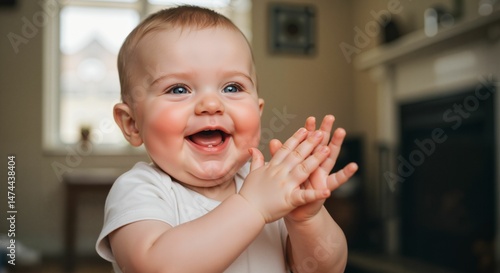 Baby clapping to music, joyfully celebrating in a cozy home setting  