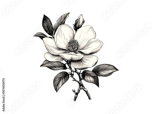 Elegant hand-drawn magnolia bloom sketch, vintage botanical illustration, antique floral decor, black ink engraving style, retro nature art print, classic flower drawing,