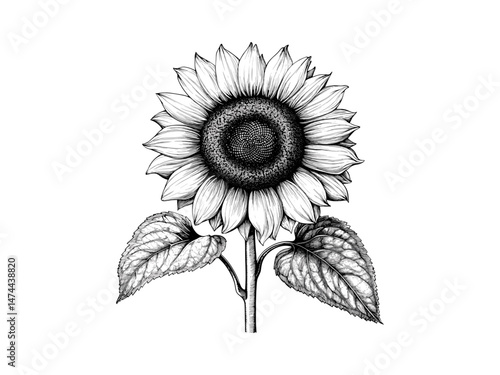 Hand-drawn vintage sunflower engraving, antique floral design, black sketch botanical drawing, retro garden bloom, nature-themed print, decorative old engraving style, trendy botanical art
