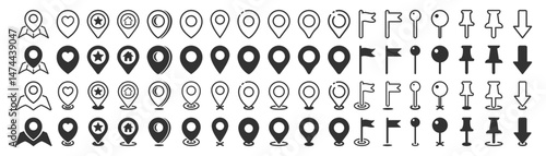 Map Pin and Location Icons Set. GPS Pointer, Address Symbol, Flat and Outline Vector Collection for Navigation and Maps Isolated on Transparent