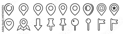 Line Location Map Pin Icons Set Isolated on Transparent. Flat and Outline GPS Marker Collection, Map Position Pointer Symbol, Black Editable Vector