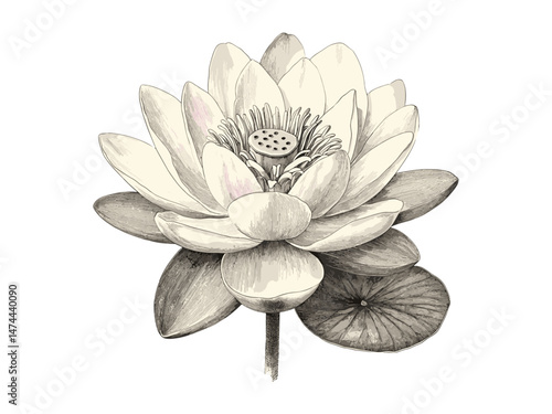 Vintage Water Lily Bloom Engraving, floral illustration, botanical art, trendy print, antique black sketch, nature decor, old engraving, water lily flower, bloom, home decor