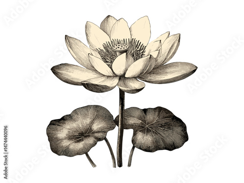Vintage Water Lily Engraving, floral illustration, trendy print, botanical art, old engraving style, antique black sketch, home decor, flower bloom, nature artwork, vintage decor