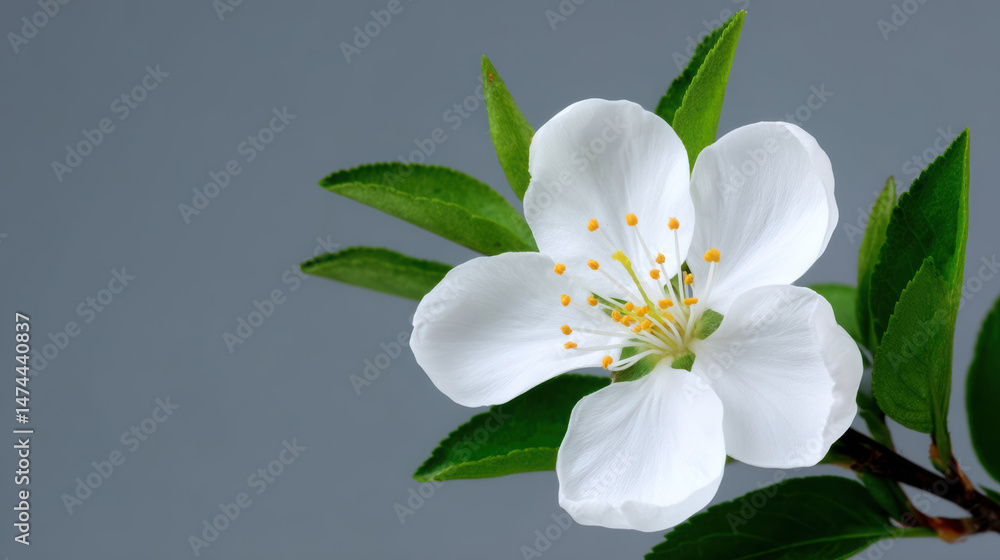 Obraz premium A delicate white blossom with vibrant yellow stamen is captured in exquisite detail, with fresh green leaves contrasting against a muted gray background beautifully.