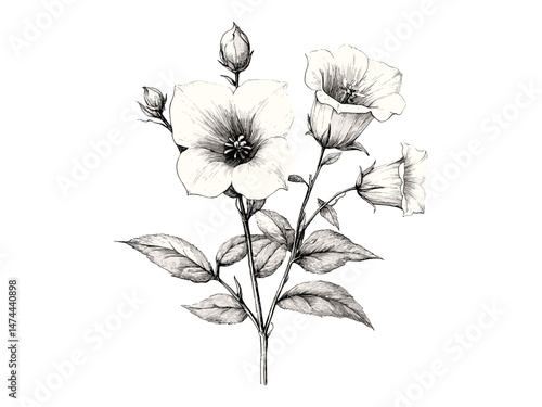 Retro Floral Sketch, Campanula Bloom, hand-drawn botanical art, engraving, vintage flower illustration, black sketch, flora, antique print, trendy decor, old engraving style, floral decor