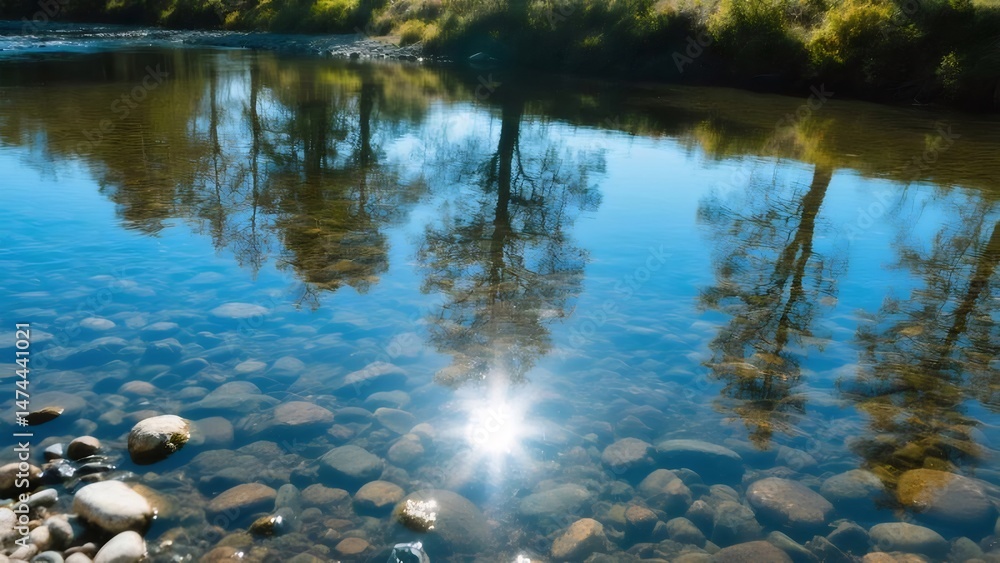 晴れた日の川の風景 木々の反射と太陽の輝き 透明な水と石が織りなす自然美 晴れた日の川の風景 木々の反射と太陽の輝き 透明な水と石が織りなす自然美