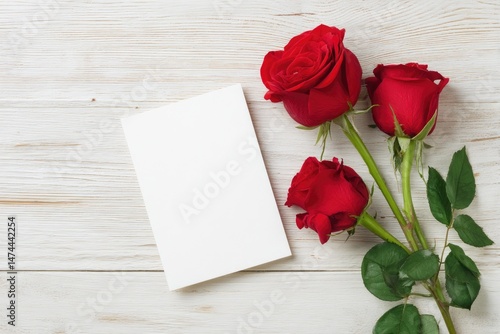 Blank card beside red roses on a white wooden table