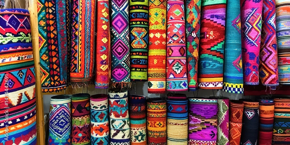Rolled woven textiles with geometric patterns in tribal style. Rolled woven textiles with geometric patterns in tribal style.