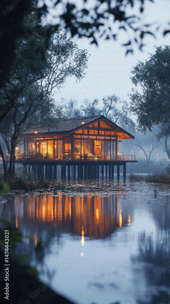 Fototapeta premium Tranquil wooden cabin on a serene lake at dawn