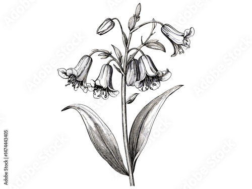 Vintage botanical illustration, antique engraved print, bluebell flower sprig, rustic natural bloom, hand-drawn floral sketch, old engraving style, trendy black sketch, floral motif, vintage decor.