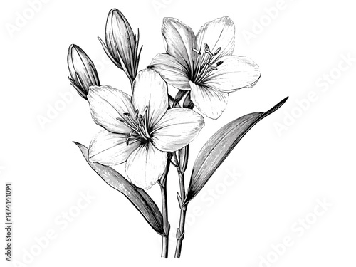 Antique botanical illustration, vintage engraving of camas flower, rustic spring garden bloom style, trendy engraved decor motif, hand-drawn floral sketch, black sketch, old engraving style
