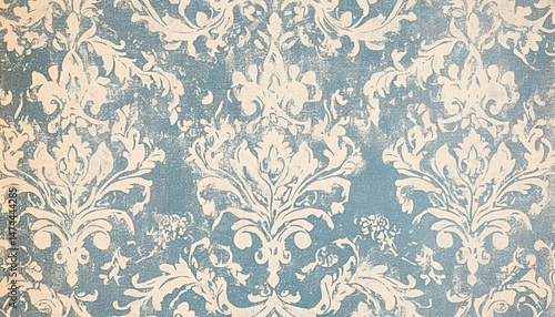 Blue background with white damask floral decorative patterns.