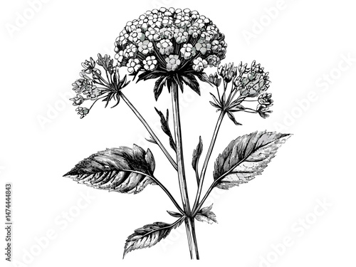 Vintage engraving of giant hogweed flower head, hand-drawn botanical sketch, antique floral decor, rustic wildflower design, trendy engraved print, black sketch, old engraving style, botanical art