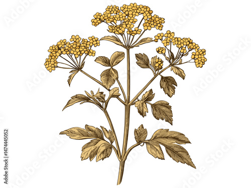 Vintage engraving of golden alexanders flower, hand-drawn botanical sketch, antique floral illustration, rustic garden decor, old engraving style, trendy engraved print, antique decor motif