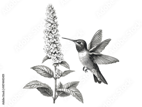 Hummingbird Mint flower vintage engraving, botanical sketch art, old engraving style, trendy floral print, nature decor, hummingbird mint, black sketch, floral decoration, antique art