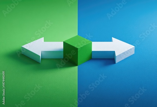Two opposing arrows with a central cube