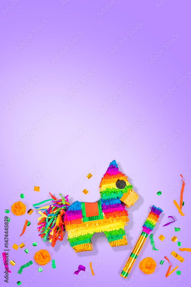 Obraz premium Pinata in the shape of a horse on isolated background. Rainbow-colored paper handmade Piñata toy for a birthday party Mexican style.