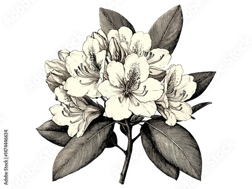 Vintage rhododendron flower engraving, rustic floral sketch, hand-drawn botanical bloom illustration, antique style black ink drawing, retro print motif, classic nature art,