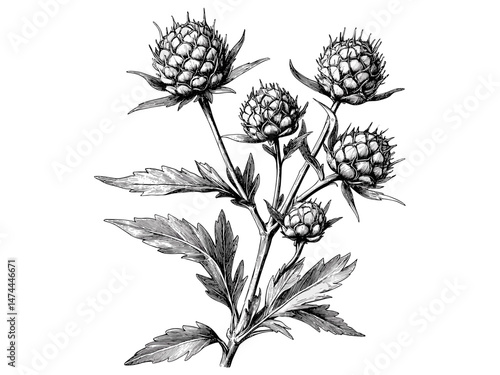 Vintage sea holly flower, antique floral print, hand-drawn wildflower sketch, retro coastal plant illustration, black ink botanical drawing, rustic wall art, monochrome flower decor