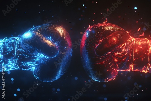 Two hands in boxing gloves glowing with neon light meet in a blow in the ring