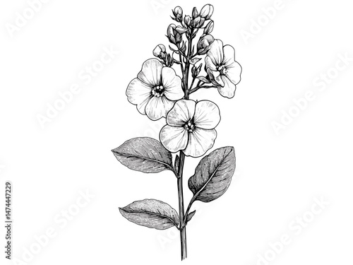 Antique botanical decor, hand-drawn floral sketch, vintage mustard flower bloom, rustic line illustration motif, trendy plant print, black engraving style, small bloom sketch, rustic vintage art