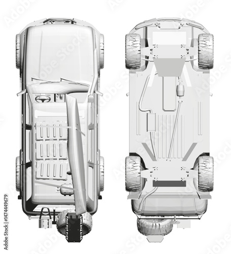A white car with a surfboard on the roof. The car is parked on a white background. Top, bottom view. 3D