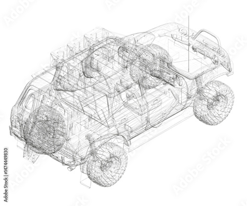 A car is shown in a black and white drawing. The drawing is of a car that is not in use. Isometric view. 3D