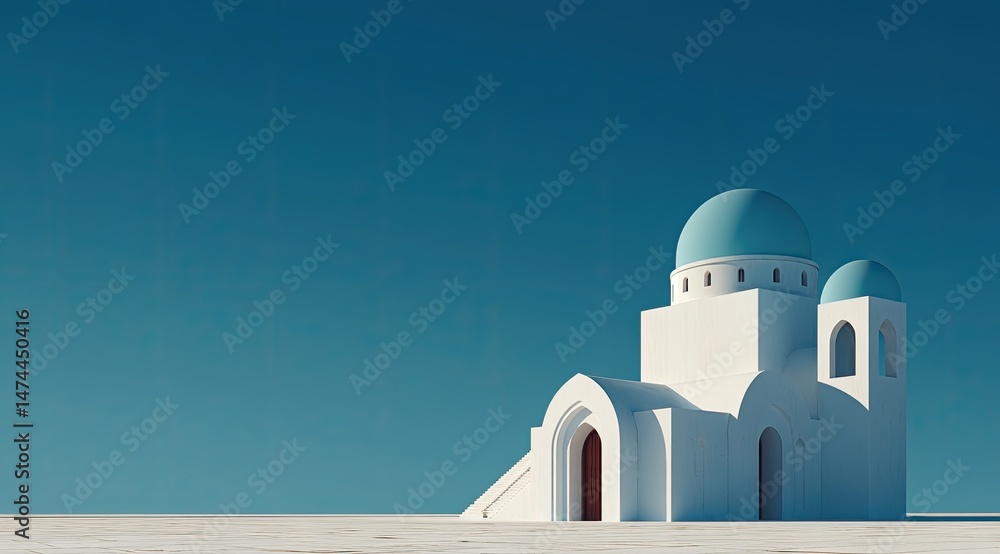A serene white architectural structure, with light blue domes, stands on a vast expanse of light beige ground against a clear cerulean sky A serene white architectural structure, with light blue domes, stands on a vast expanse of light beige ground against a clear cerulean sky