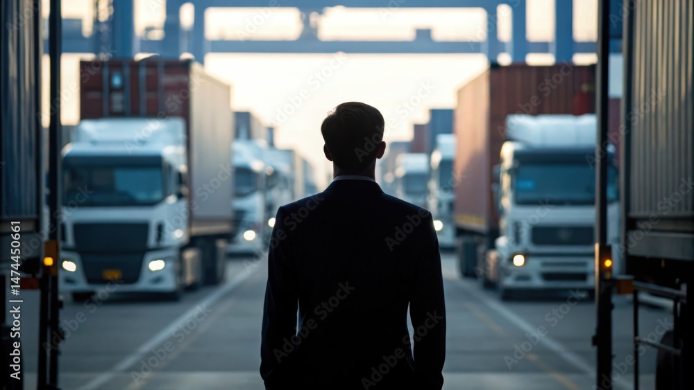 Obraz premium A silhouetted figure in a suit stands among parked trucks, evoking a sense of industry and logistics at dusk.