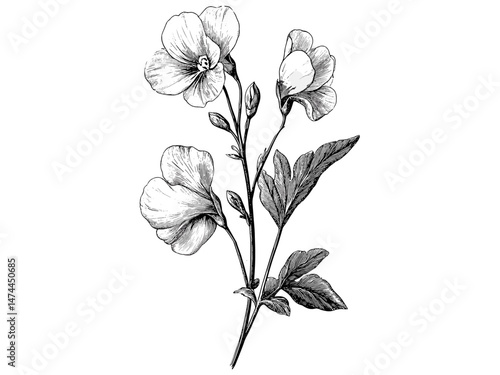 Vintage floral engraving, hand-drawn botanical sketch of Sweet Pea flower, antique nature print, black sketch, old engraving style, trendy decor, flora, flower, Sweet Pea bloom.