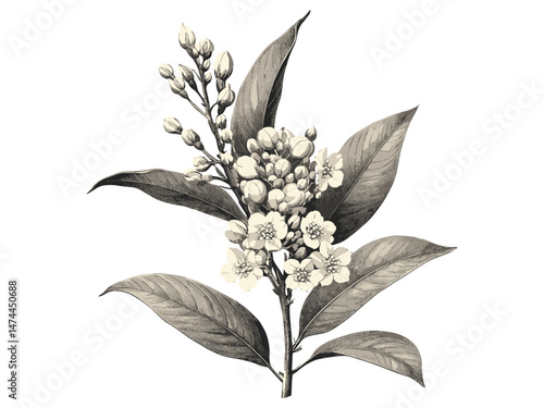 Vintage Floral Print of Bay Laurel Bloom, engraved botanical sketch, antique hand-drawn art, bay laurel, nature engraving, flower bloom, trendy decor, old engraving style, flora sketch