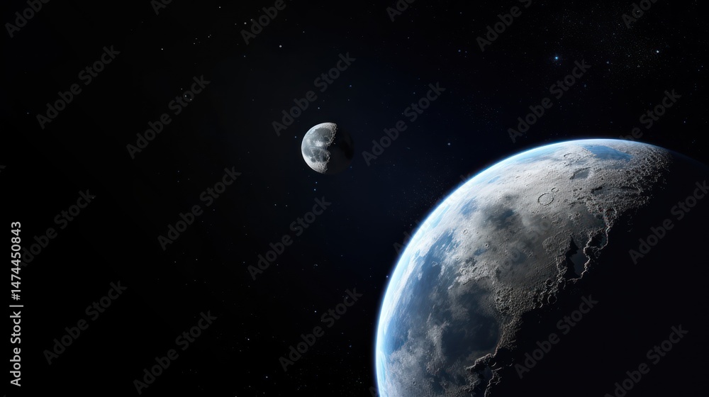 Obraz premium A large, round, blue planet with a smaller, round, gray moon in the background, set against a dark, starry sky