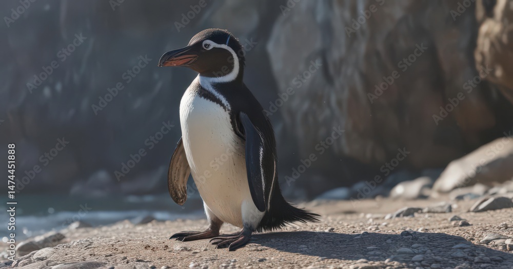 Fototapeta premium Humboldt penguin preening its feathers on a rocky beach , sea, seabird, ocean