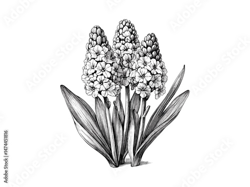Vintage style engraving of hyacinth bloom, detailed hand-drawn sketch, retro floral illustration, flower decor, antique print, trendy nature art, black sketch, old engraving style, floral art.