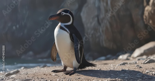 Humboldt penguin preening its feathers on a rocky beach ,  sea,  seabird,  ocean