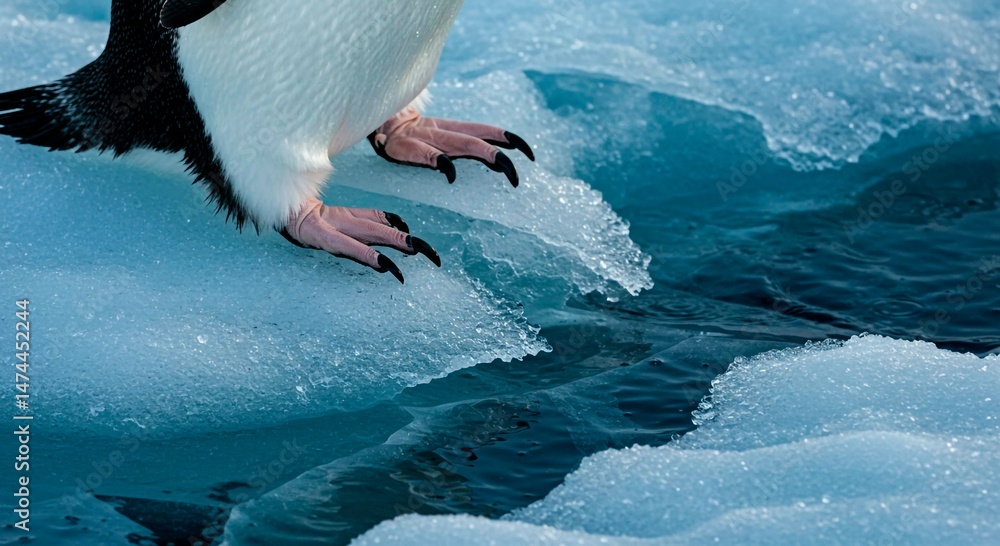 Obraz premium Close up of penguin feet on ice floe with water in antarctic environment