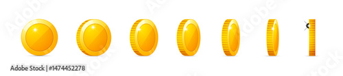 Golden shiny coin rotating positions vector set. Rotated gold coins in shiny style
