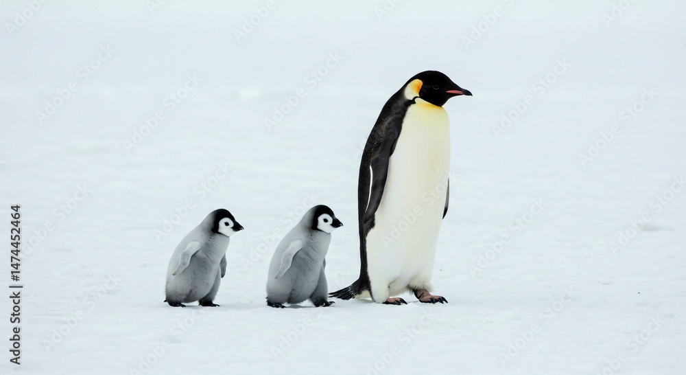 Naklejka premium Emperor penguin with two chicks walking on the snowy antarctic landscape