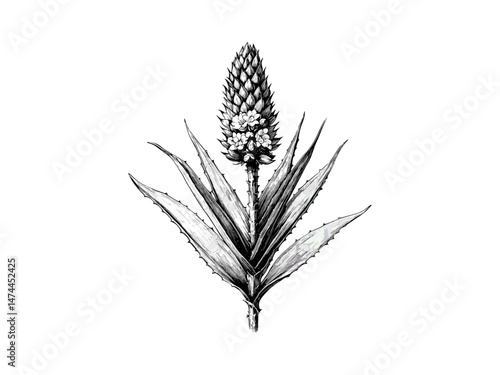 Aloe Vera Bloom Sketch, antique botanical illustration, flora art print, old engraving style, hand-drawn trendy wall decor, aloe flower vintage artwork, black ink style