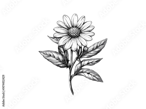 Antique Aster Flower Engraving, vintage botanical print, hand-drawn flower sketch, retro nature decor, detailed vintage illustration, old style sketch, trendy aster bloom, black and white design