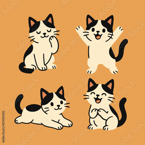 Adorable cartoon cat illustration set featuring a black and white kitten in various playful poses.